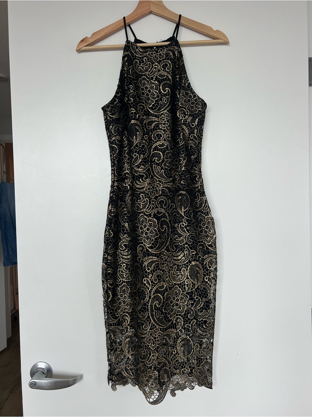 Dainty Hooligan Black & Gold Lace Halter Midi Dress